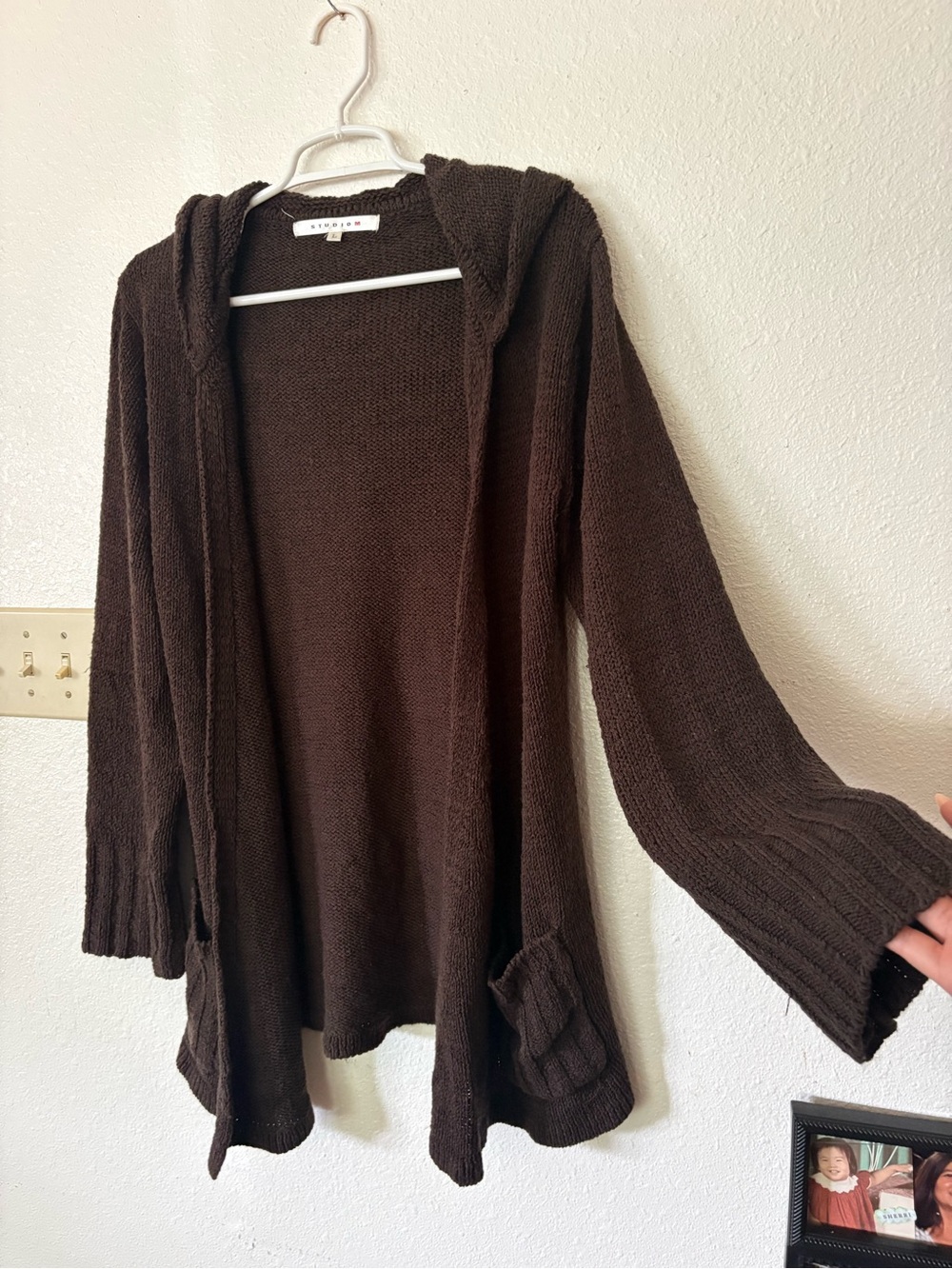 Studio M Women’s L Brown Hooded Cardigan Sweater Bell Sleeve Open Front Y2K